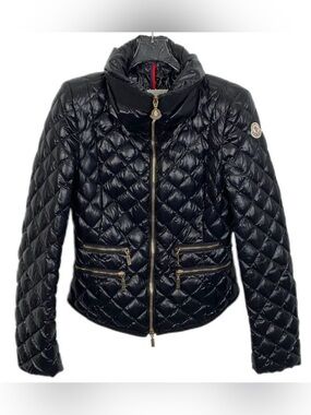 Moncler Black Quilted Diamond-Pattern Puffer Jacket with Gold Zips